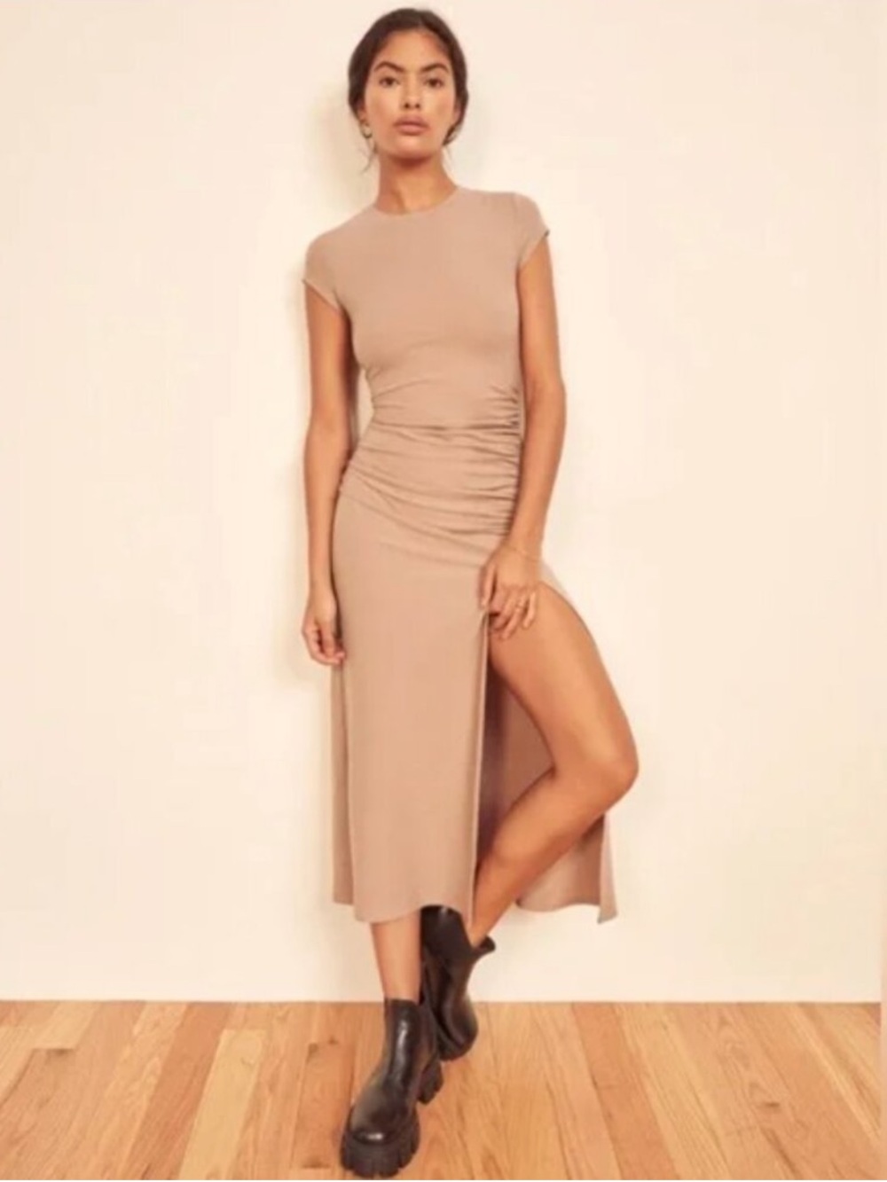 Reformation Brecken Knit Ribbed Midi Dress Mauve/Taupe Slit Short Sleeve Small